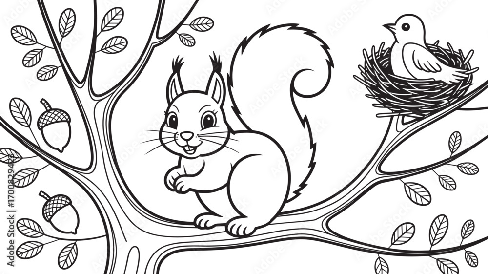 Fototapeta premium Squirrel on Tree Vector Illustration with Acorns and Bird Nest Outline in Woods