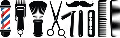 Black Silhouette Icons of Barber Shop Tools and Accessories on White Background scissors comb