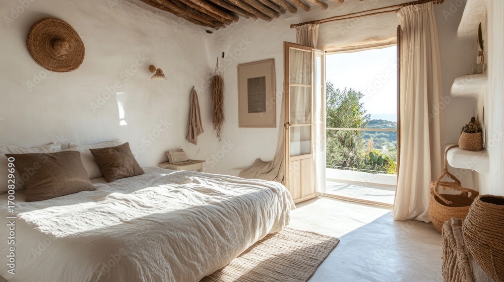 Fototapeta premium Sunny bedroom with nature balcony view