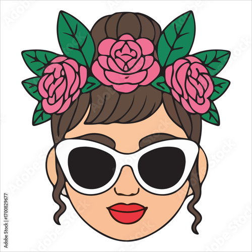 Fashion Girl Wearing Flower Crown Headband and White Sunglasses