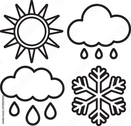 Weather Forecast Icons Set Outline Style Sun Cloud Rain Snowflake Symbol Isolated Vector