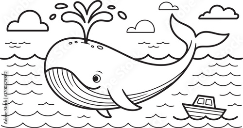 Whale in Ocean Coloring Page with Boat and Clouds Outline Illustration for Kids Activity
