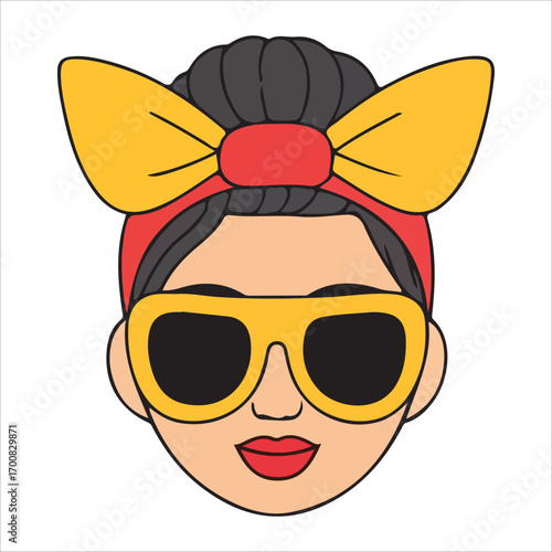 Trendy Woman Wearing Yellow Bow Headband and Round Sunglasses