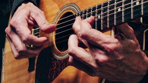 Close-up video of hands strumming an acoustic guitar, capturing the strings and wood texture. Shot from a low angle for an intimate feel.