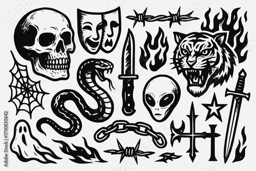 Black and white gothic urban sticker pack with skulls, snakes, knives, chains, spiderwebs, and tattoo flash doodles