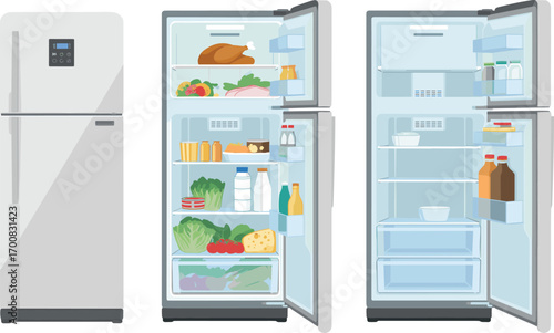 Vector illustration of modern refrigerators, one full and one empty, showing fresh food, groceries, and drink storage for kitchen appliance concept