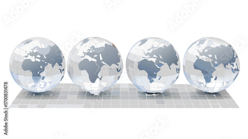 Four crystal globes world map geography earth global continents countries travel journey exploration 3d render