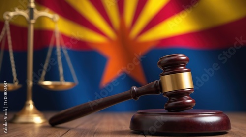 Judge gavel and scales of justice with Arizona flag
