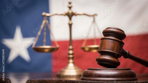 Judge gavel and scales of justice with Texas flag