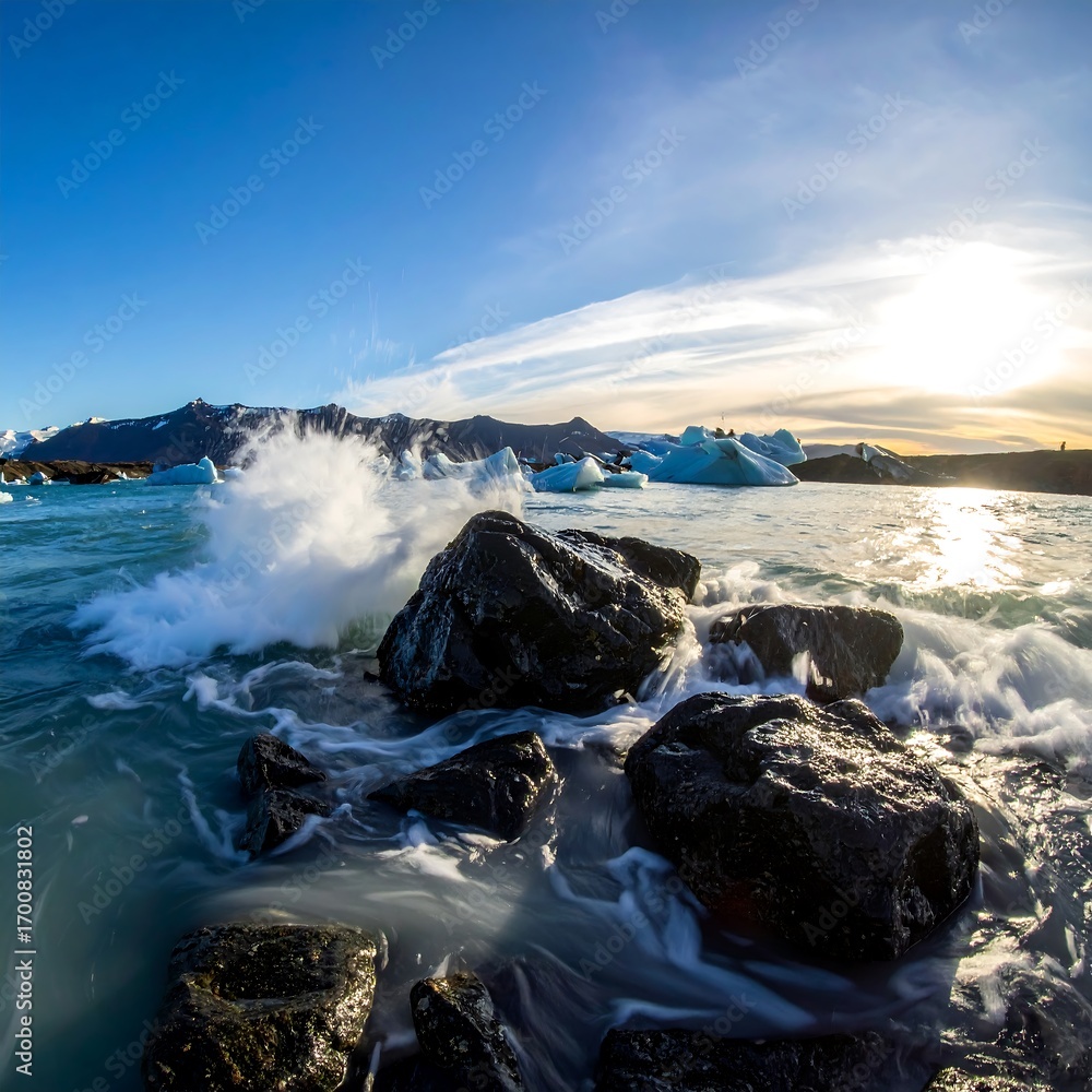 Obraz premium Dramatic waves crash against dark volcanic rocks, revealing turquoise glacial water and icebergs, bathed in the golden light of the setting sun.