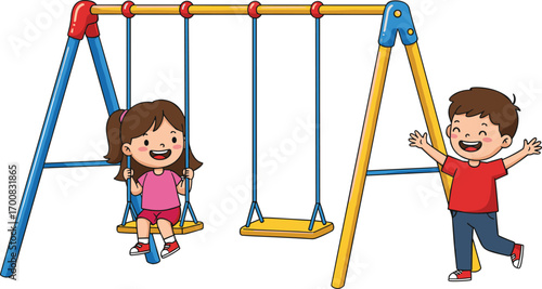 Happy children playing on swing set, outdoor playground activity, cheerful boy and girl having fun together, cartoon vector illustration for kids' playtime