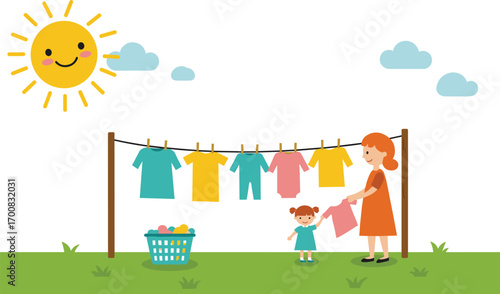 Mother and daughter hanging clothes, sunny day laundry scene, outdoor drying clothes, happy family activity illustration, clean clothing drying in garden