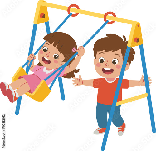 Happy children playing on swing set, cartoon kids enjoying playground activity, outdoor fun for children, boy pushing girl on swing illustration