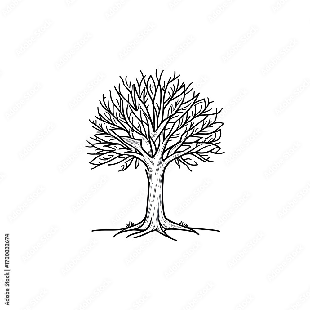 Naklejka premium Detailed hand drawn sketch of a bare deciduous tree with visible roots and intricate branches against a white background