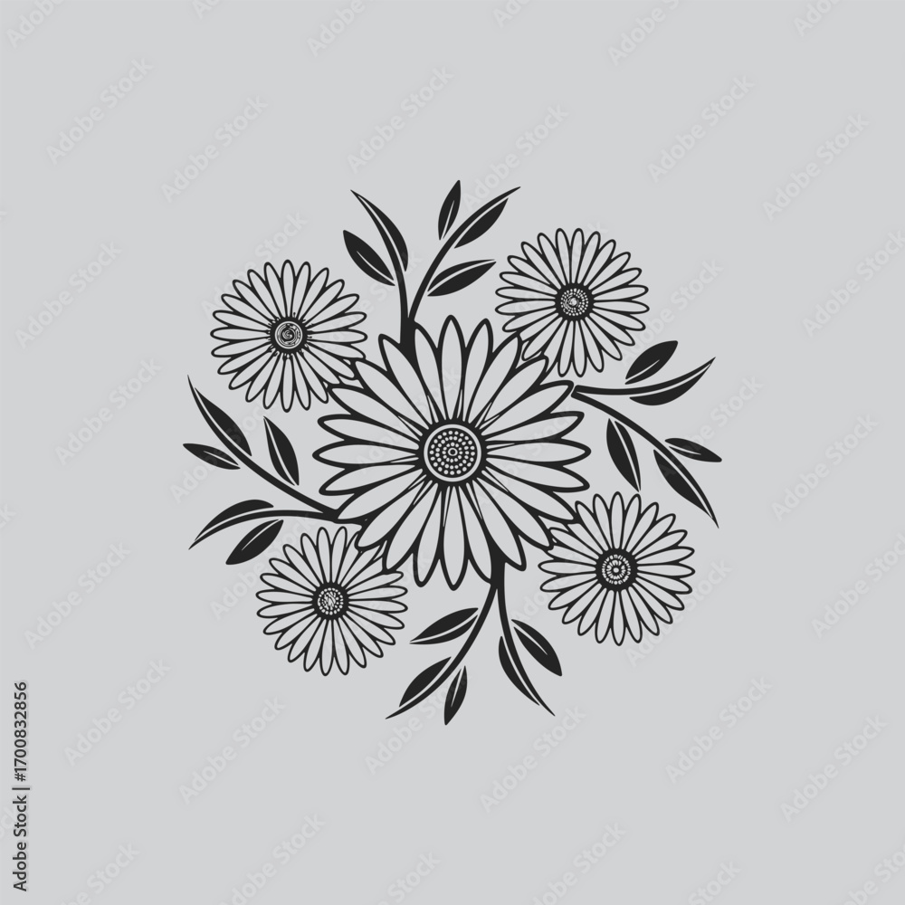 Fototapeta premium Daisy Black Flower Bunch Illustration