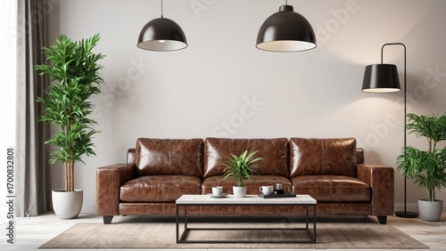 Modern living room interior with brown leather sofa, lamp, coffee table, and potted plant on transparent background- 3D rendering