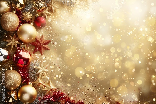 Charming Christmas Background with Ornaments, Stars, and Bokeh Lights for Holiday Celebrations