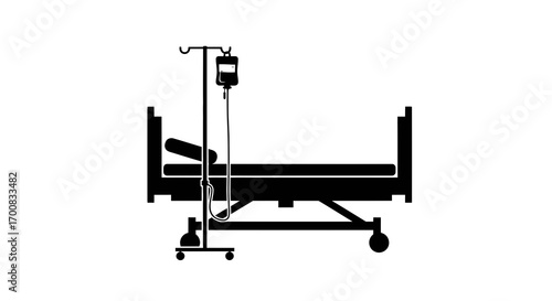 Hospital bed with IV drip black silhouette vector icon