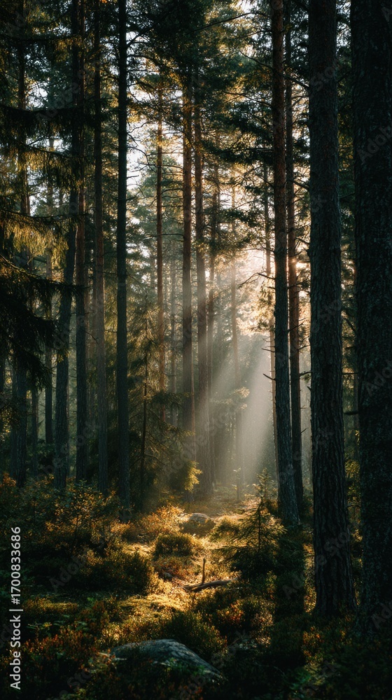 Fototapeta premium Misty morning light filters through a dense forest