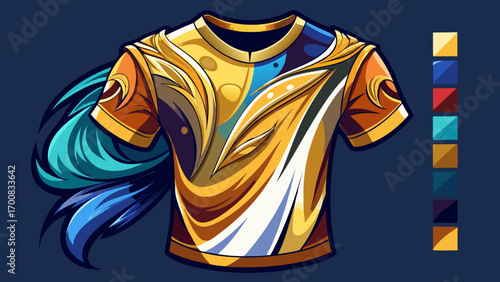 design creative one shoulder t-shirt model with mix color which start from center gold and then round to different color  white background