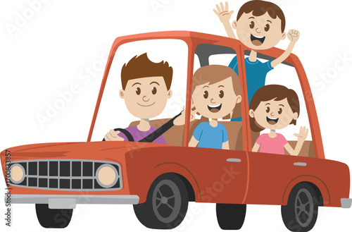 Happy family of four riding in red car, smiling kids waving hands, family road trip, safe driving, joyful travel illustration vector