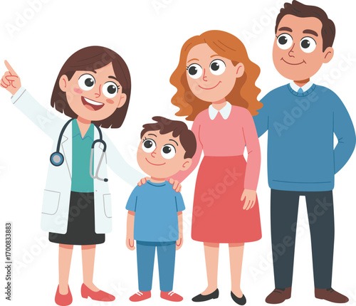 Smiling female doctor consulting happy family with child, healthcare professional advising parents, medical checkup, healthy family concept, cartoon vector illustration
