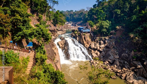 Waterfall cascading through rocky landscape