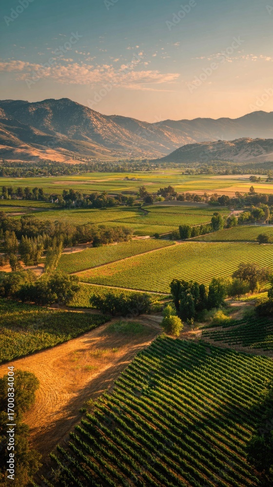 Obraz premium Lush vineyard landscape at sunset in serene valley