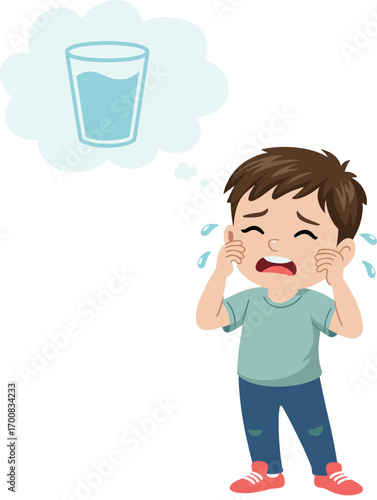 Sad crying little boy, wiping tears, thinking about glass of water, feeling thirsty and upset, emotional child, cartoon vector illustration