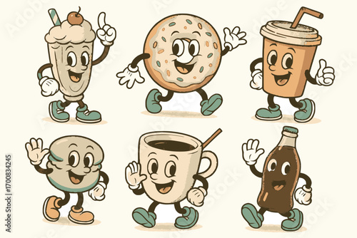 Retro cartoon food and drink sticker pack with milkshake, donut, coffee, macaron, and soda bottle characters