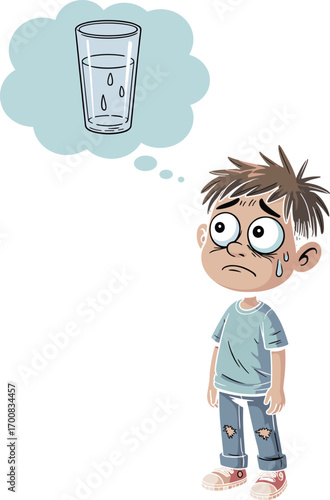 Thirsty sad boy in torn clothes sweating and thinking about glass of water, dehydration concept, thirsty child cartoon vector illustration