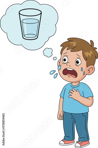 Sad thirsty little boy crying, holding chest, imagining glass of water, feeling dehydrated, emotional child needing drink, cartoon vector illustration