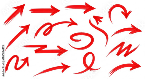 Collection of red hand drawn arrows pointing in various directions on a white background design element created with generated ai