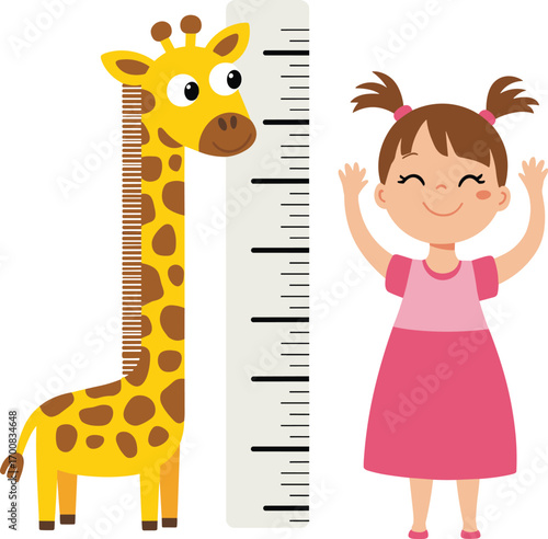 Vector illustration of happy girl with pigtails standing next to tall giraffe and height ruler, smiling child, kids measuring height, cartoon animal friend