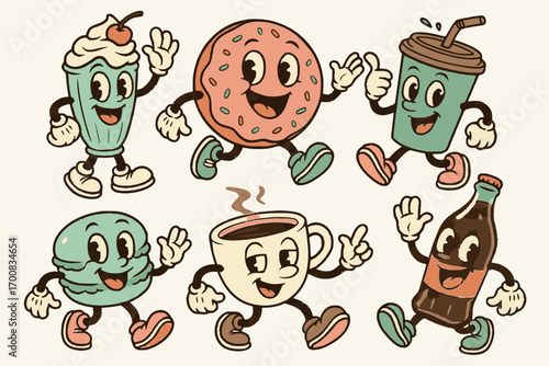 Retro cartoon food and drink sticker pack with milkshake, donut, coffee, macaron, and soda bottle characters
