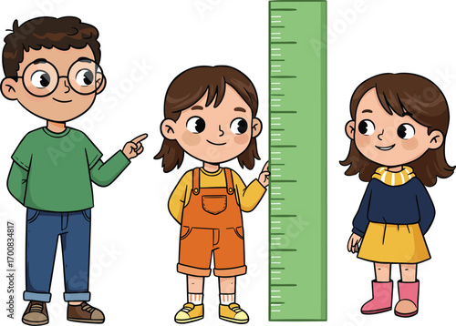 Vector illustration of three kids measuring height with a large ruler, children interaction, growth tracking, playful boys and girls, educational and playful concept