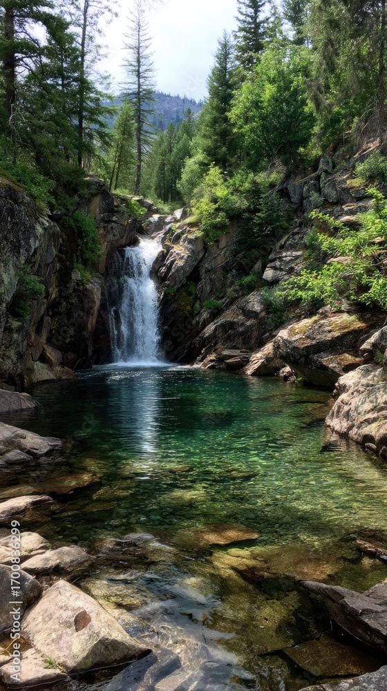 Fototapeta premium Tranquil waterfall cascading into a clear pool