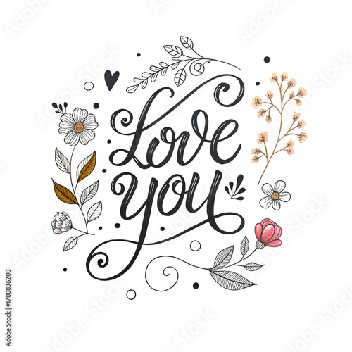 Love you handwritten text with floral design on transparent background