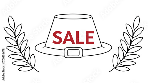 Minimalist pilgrim hat with sale text laurel branches vector