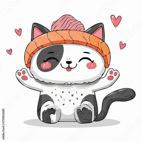 Cute Kawaii Cat Sushi Vector Illustration with Salmon Nigiri and Hearts