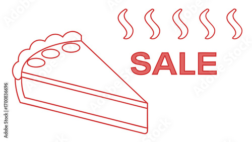 Minimalist red outline slice apple pie with steam sale text food dessert