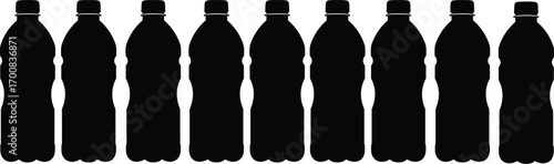 Black silhouette of multiple plastic water bottles in a row, isolated on white background, reusable or disposable packaging vector illustration