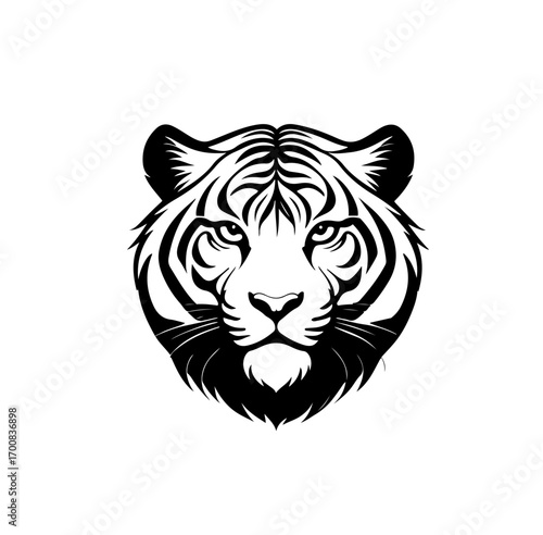 Minimalist Black Tiger Head Logo Vector. Stylized vector illustration of a tiger head in black minimalist design. Perfect for mascot, sports team emblem, tattoo, or branding identity.