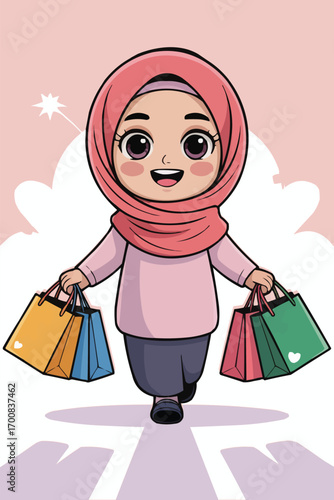 Happy Hijabi Character Walking with Gift Bags in Vibrant Lifestyle Illustration