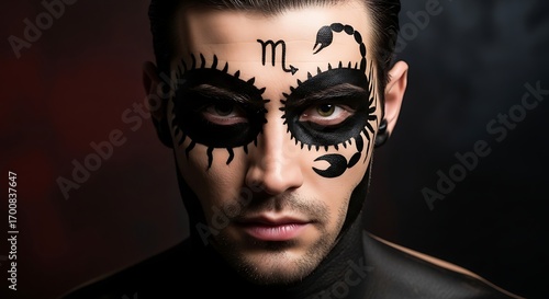 Mystical man portrait with scorpio zodiac makeup and intense gaze against dark backdrop
