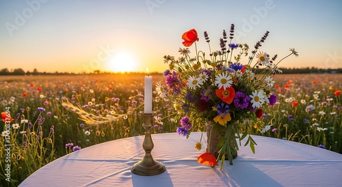 Fototapeta Naklejka Na Ścianę i Meble -  Floral splendor under golden sunset light: A picturesque wildflower meadow scene