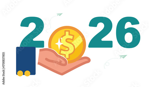 2026. Flat green design with new year, number 2026. Businessman holds golden dollar cent in his hand. Holiday, twelfth night, white background, calendar poster, postcard, flyer. Vector illustration