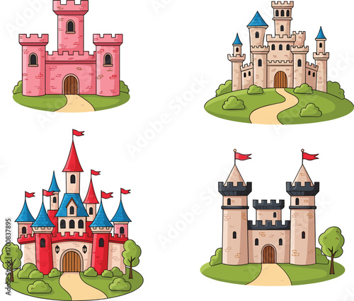 Colorful fairytale castle vector collection, medieval buildings with towers, flags, and gates, perfect for children’s books, fantasy themes, or game design