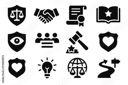 Business ethics icon set. Solid vector icons of transparency, honesty, fairness, trust, loyalty, global ethics and anti corruption. Corporate values pack.