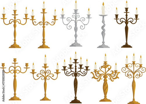 Elegant vintage candelabra collection with lit candles, gold and silver antique candle holders, luxury classic home decor, decorative ornate lighting design